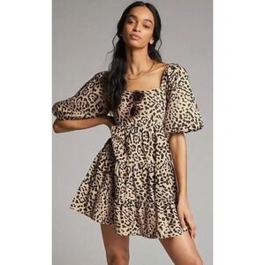 FAITHFULL THE BRAND Shamari Animal Print ERYN‎ Puff Sleeve Cotton Mini Dress 4/S